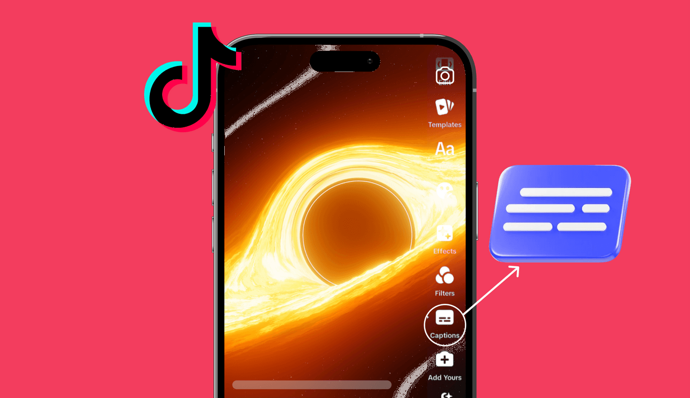 Phone screen showing TikTok video editing options with a highlighted captions feature icon.