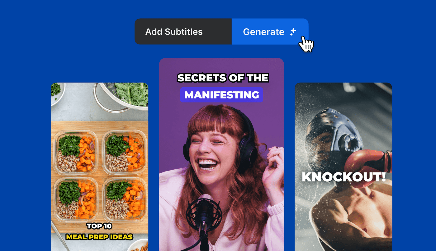 Screen with 'Add Subtitles' and 'Generate' options above videos about meal prep, manifesting, knockout.