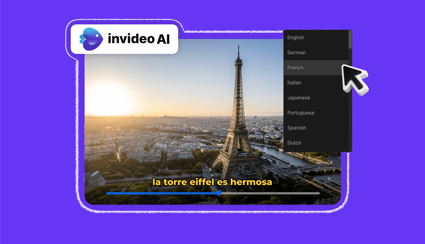 Invideo AI language selection screen with Eiffel Tower background and Spanish subtitle