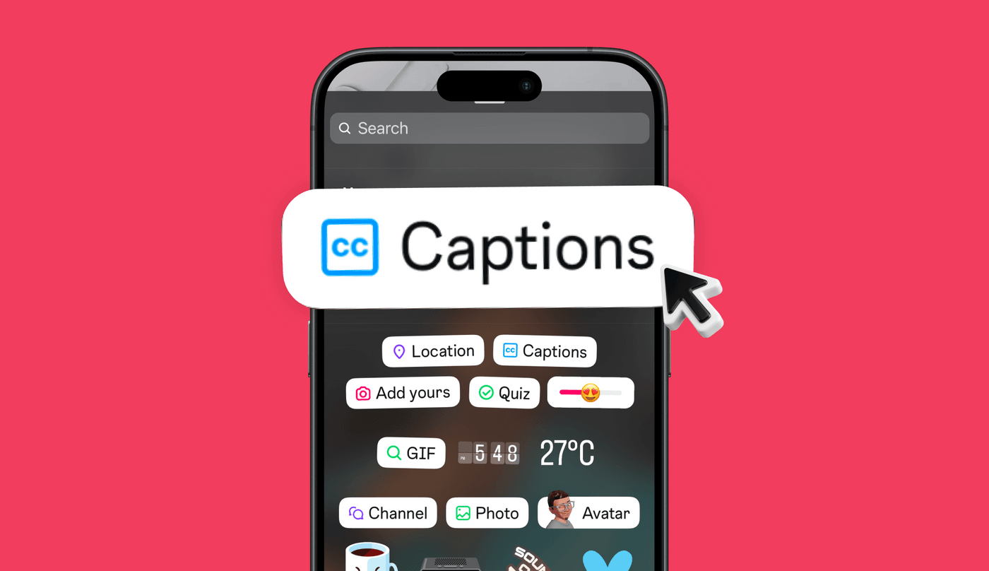 Smartphone screen with a red background, highlighting the 'Captions' feature for social media.