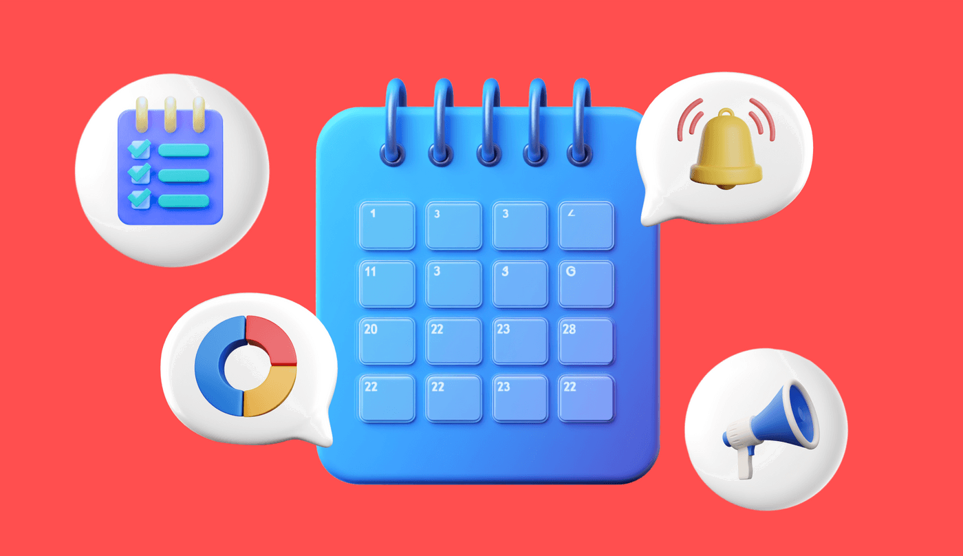 Calendar with checklist, notification bell, pie chart, and megaphone icons.