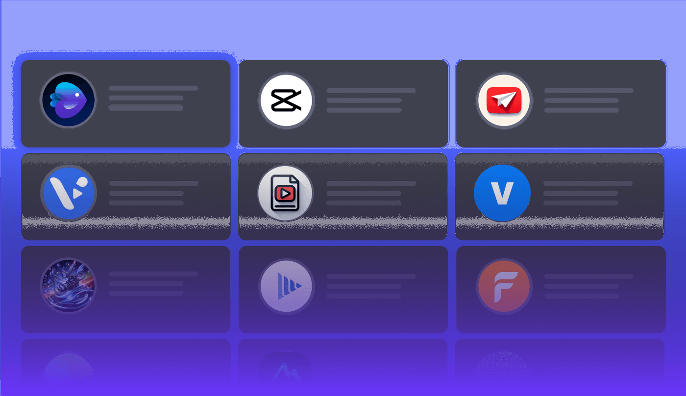 Grid of video editing and AI-powered content creation tools with colorful icons and descriptions.