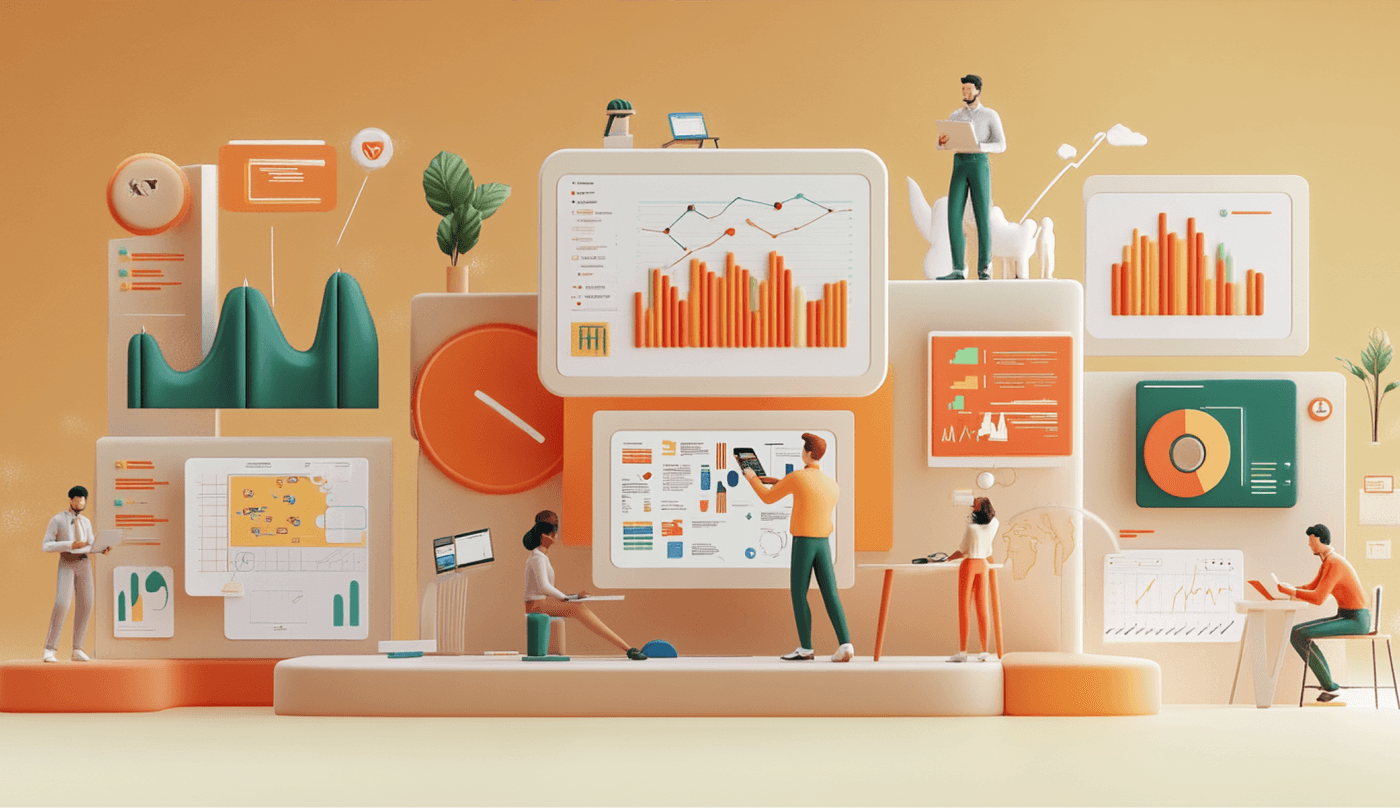 People analyzing graphs and charts on digital screens in workspace.