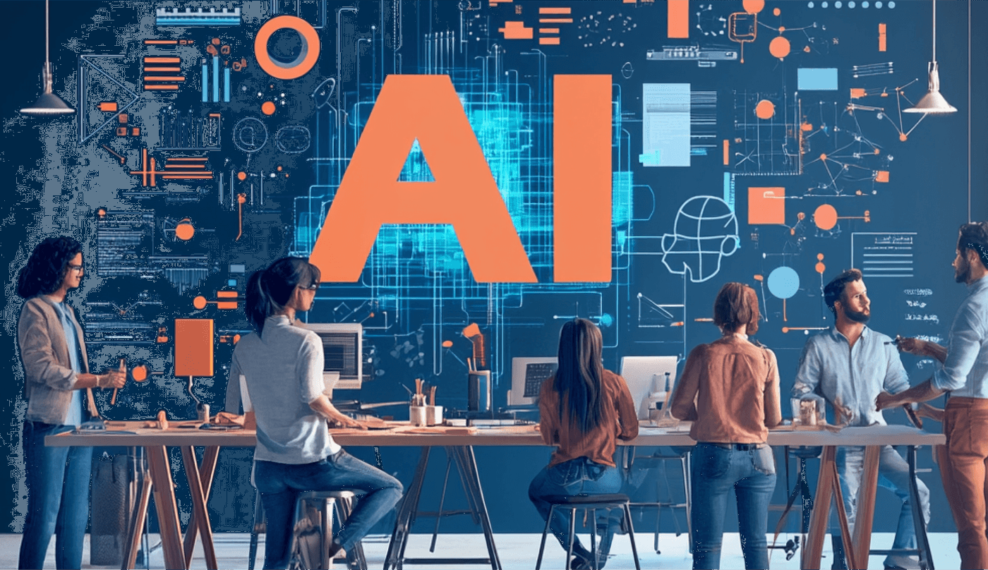 Team working in office with large AI-themed graphics in background.