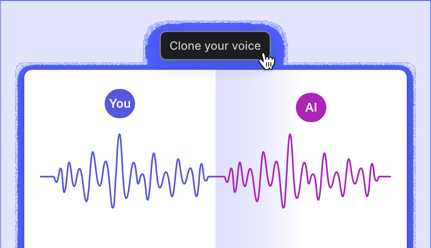 Visual comparison of human voice and AI-cloned voice waveforms with 'Clone your voice' prompt highlighted.