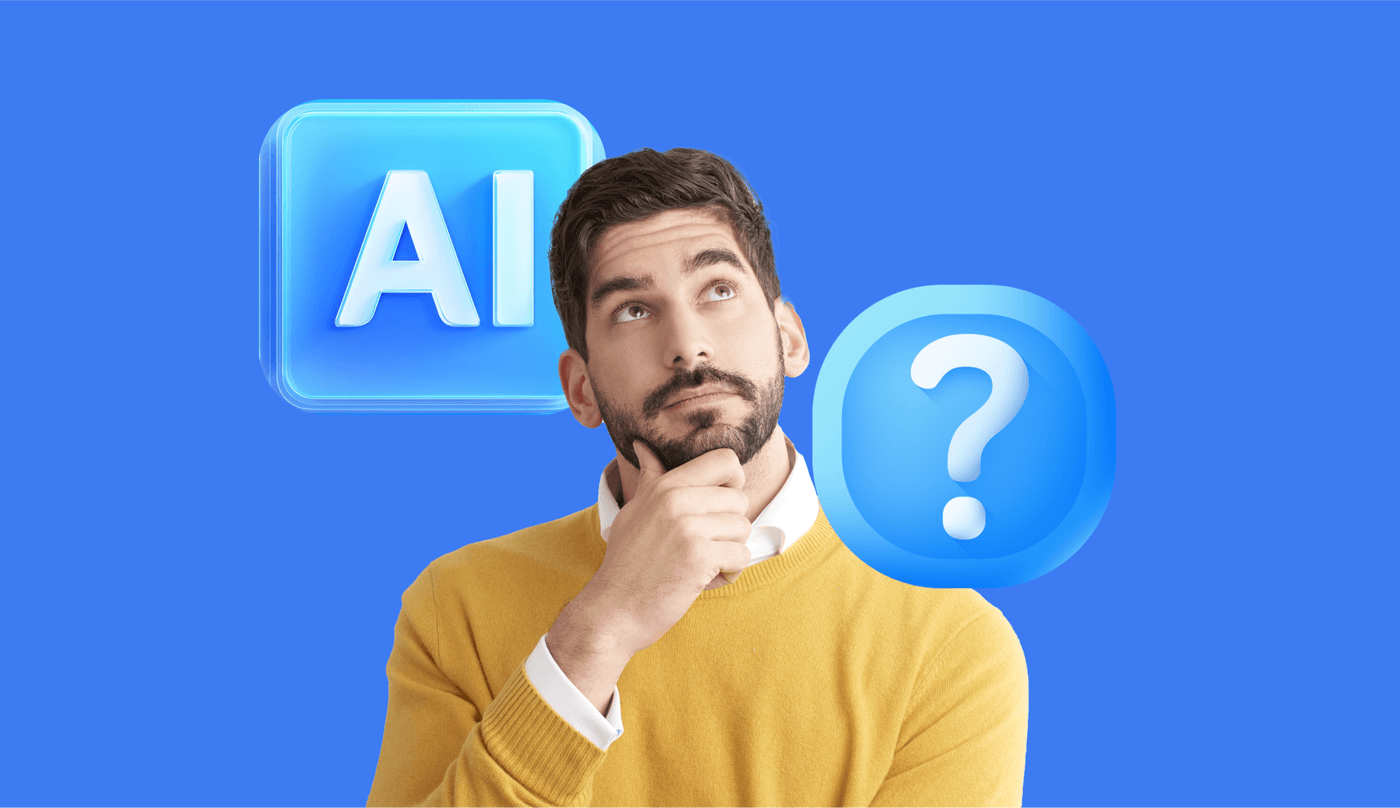 Man thinking with AI and question mark icons beside him.