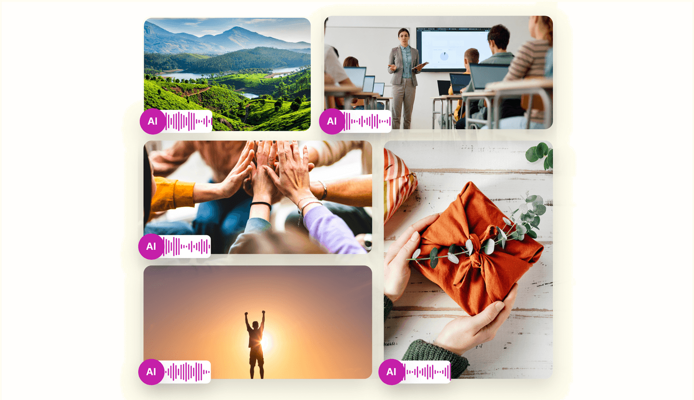 Collage of diverse scenes with AI audio icons, showcasing nature, education, teamwork, gifts, and success.