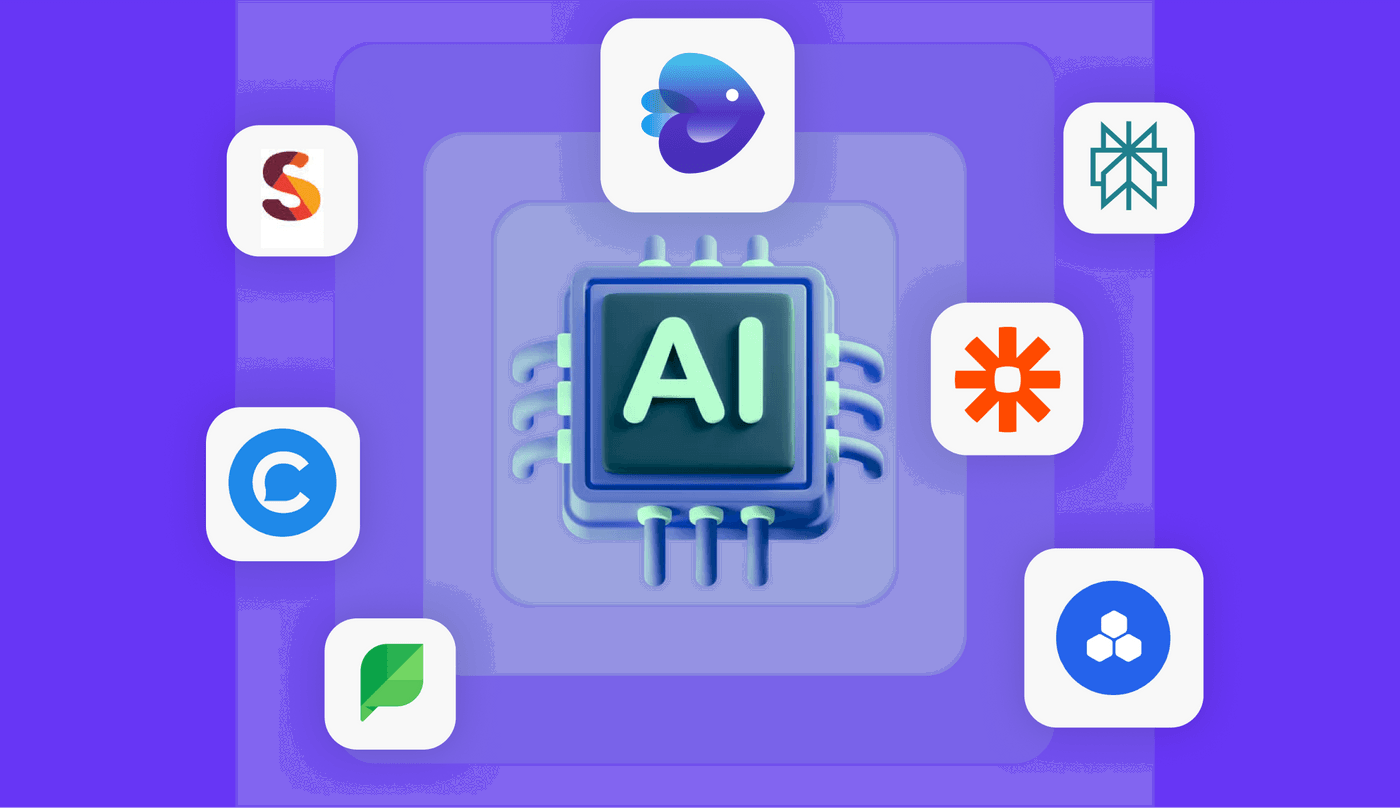 AI chip surrounded by various app icons on purple background.