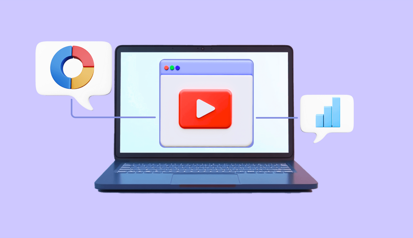 Laptop screen with video icon and speech bubbles showing graphs.