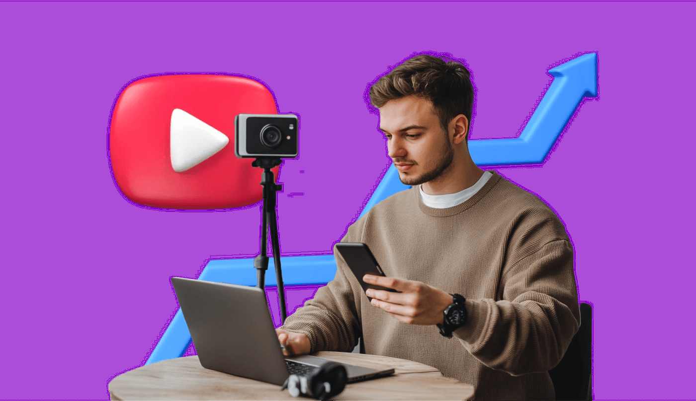Man using phone and laptop with video icon and growth arrow.
