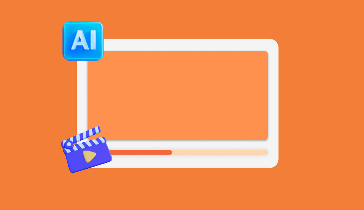 AI video frame with clapperboard icon on orange background.