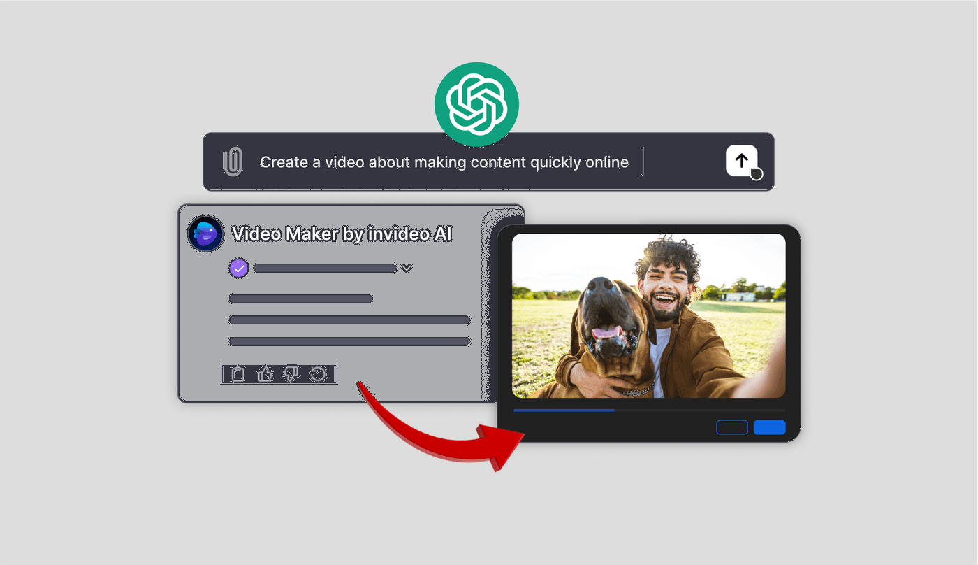 AI-powered video maker interface showing quick content creation with an example of a happy user and dog.
