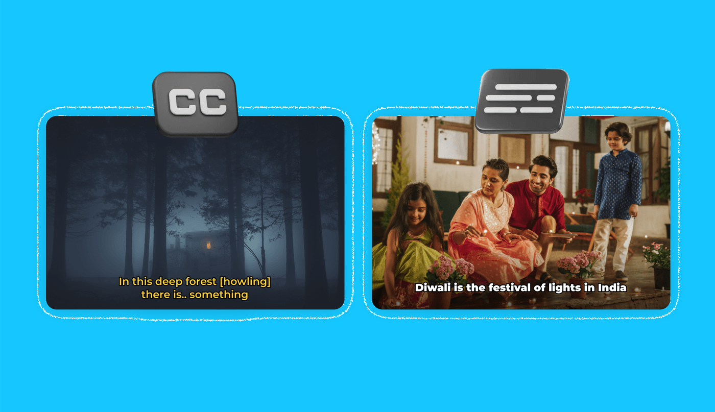 Two videos with subtitles of dark forest scene, Diwali celebration in India.