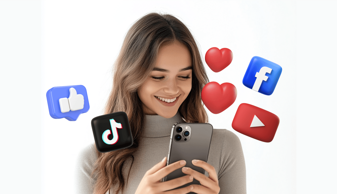 A smiling woman engaging with social media apps, illustrating how to connect with followers online.