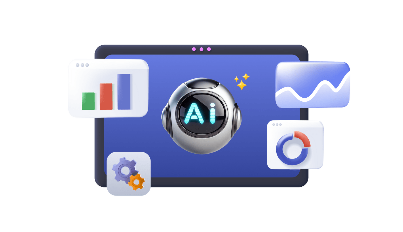 AI-powered dashboard with graphs, settings icon, and futuristic AI robot interface elements.