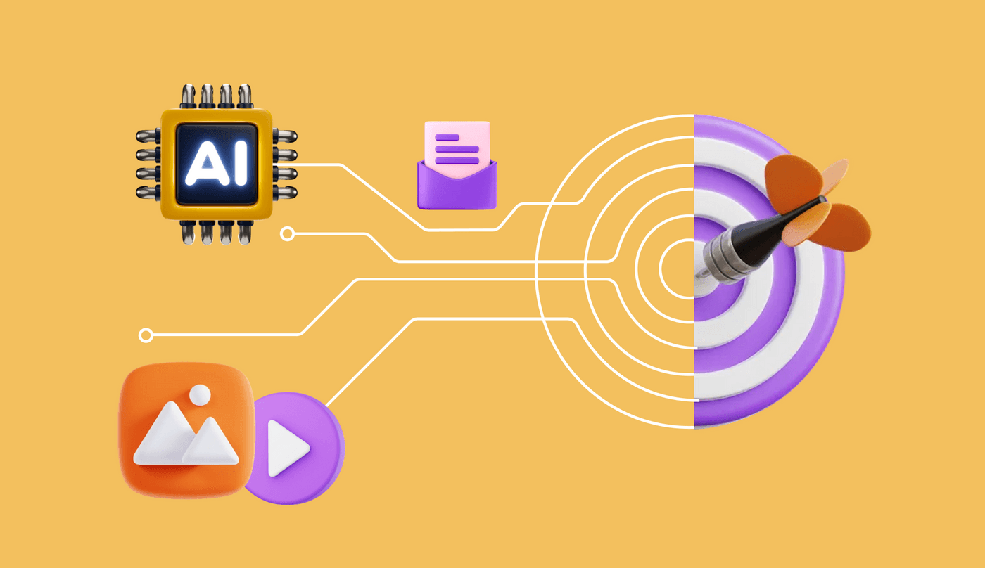 AI chip with icons for email, images, and video connected to a dartboard target on yellow background.