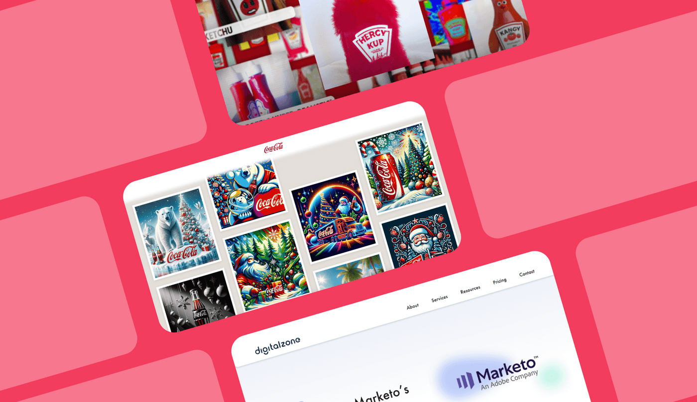 Collage of Coca-Cola holiday-themed posters and a Marketo website on vibrant red background.