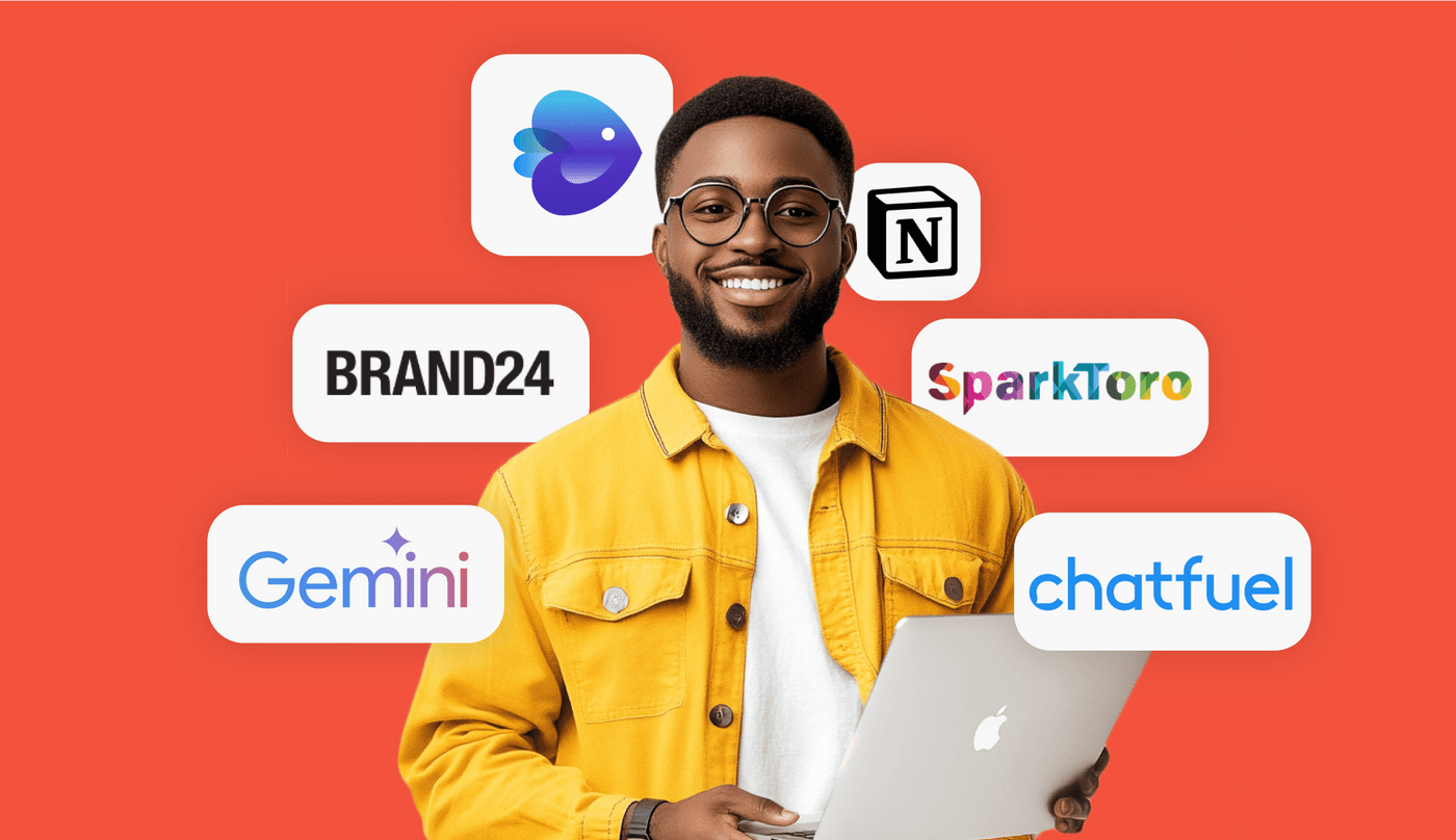 Smiling man with a laptop, showcasing 6 top AI tools like Brand24, SparkToro, and Chatfuel.