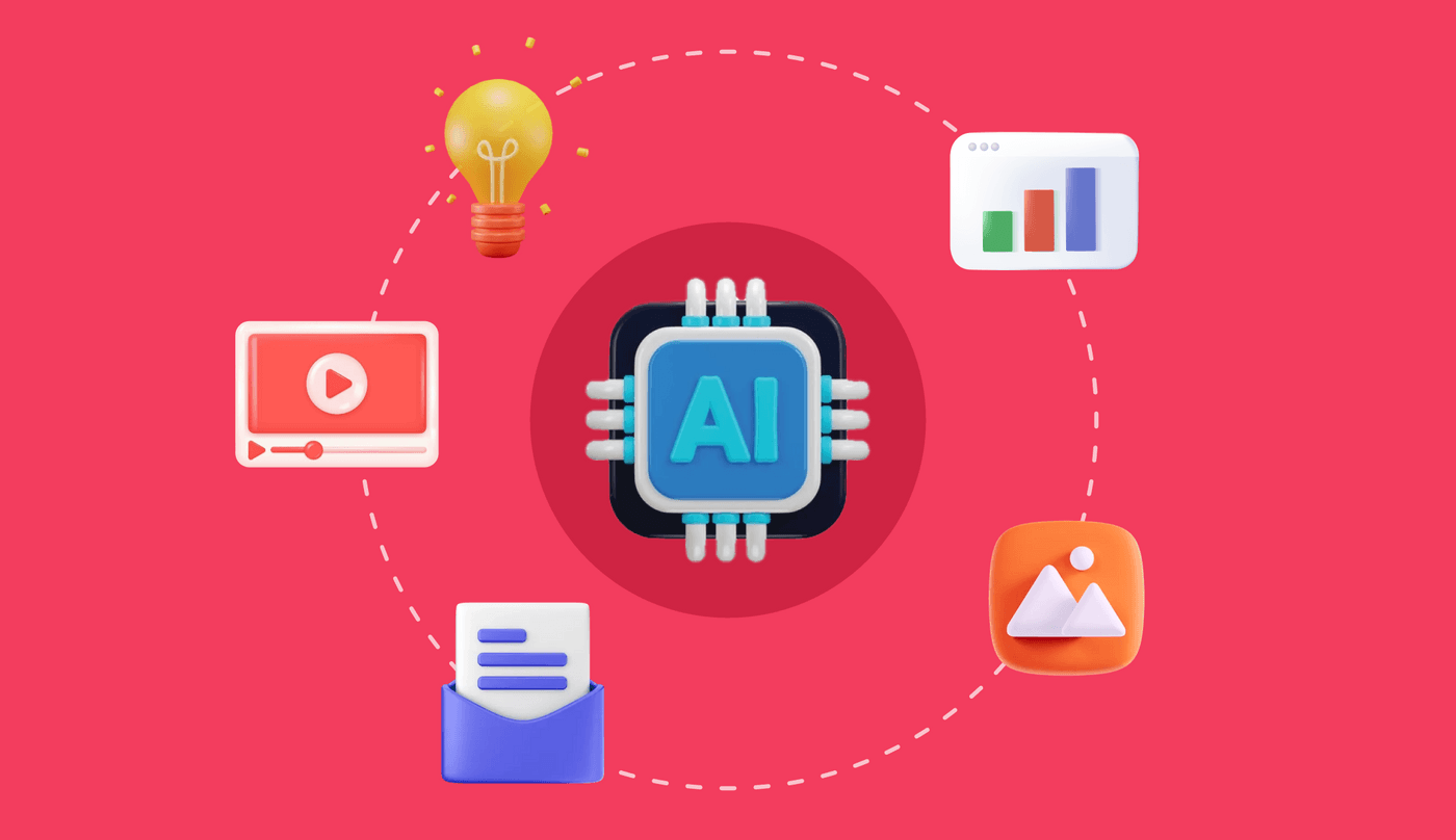 AI chip surrounded by icons of graphs, light bulb, video, email, and images on red background.