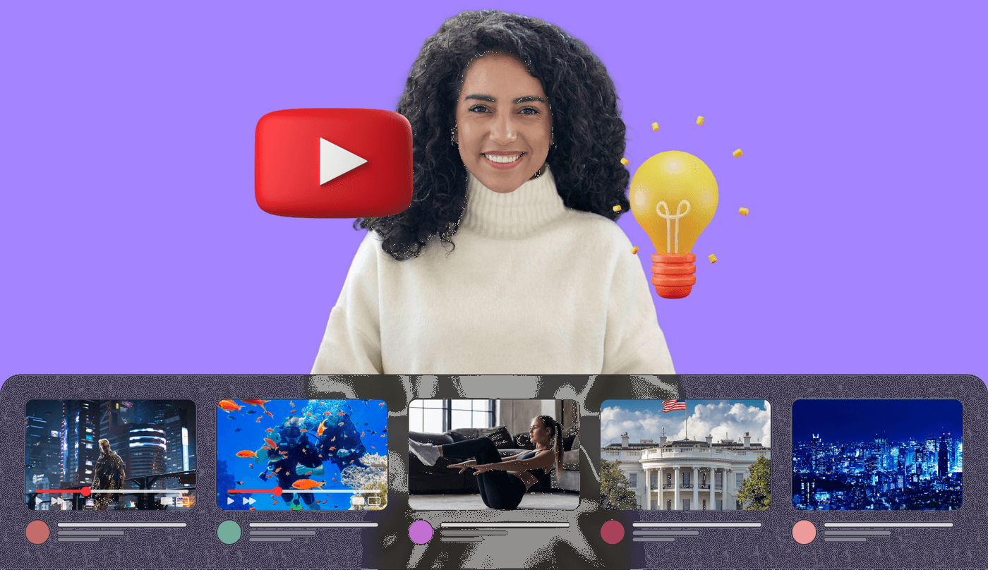 Smiling woman with YouTube icon, light bulb, and diverse video thumbnails on purple background.