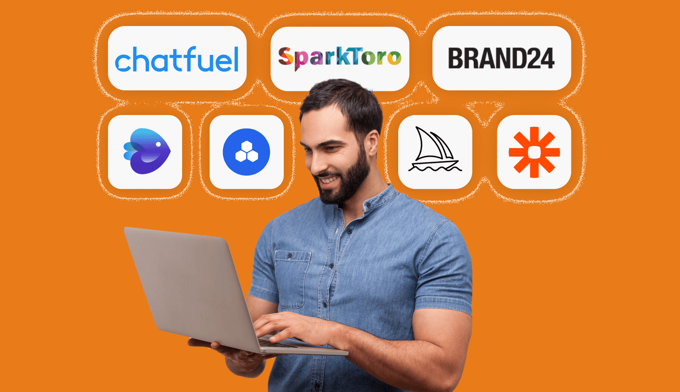 Man using a laptop, exploring AI tools like Chatfuel, SparkToro, and Brand24 to enhance social media.