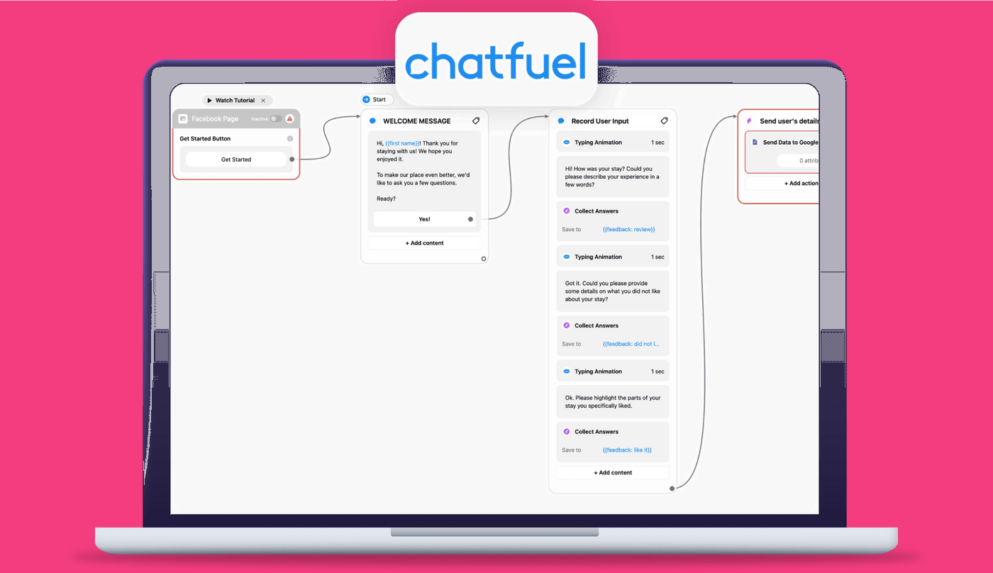 Smart chatbots with Chatfuel to automate conversations, collect feedback, and engage users effortlessly.