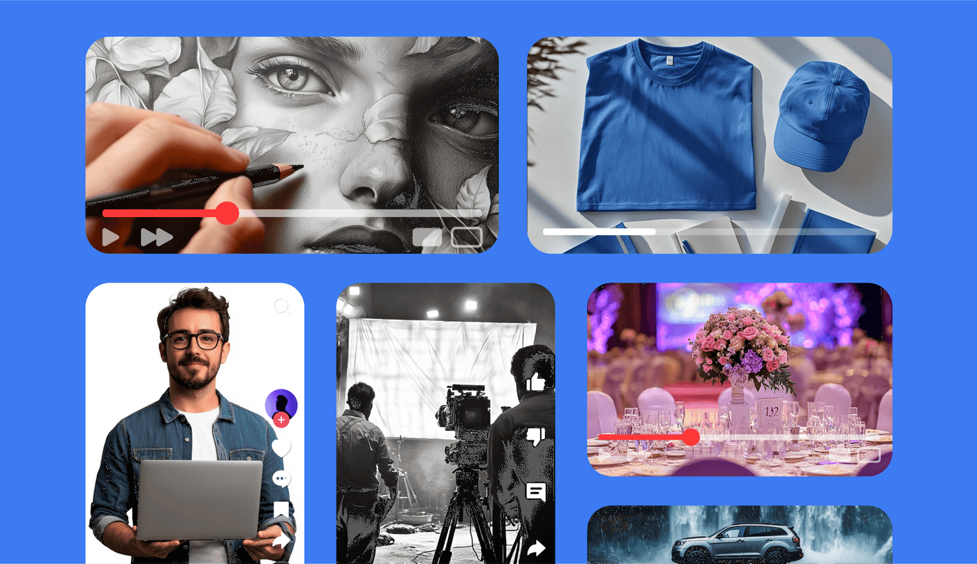 Collage of videos: art, apparel, content creation, events, and cars.