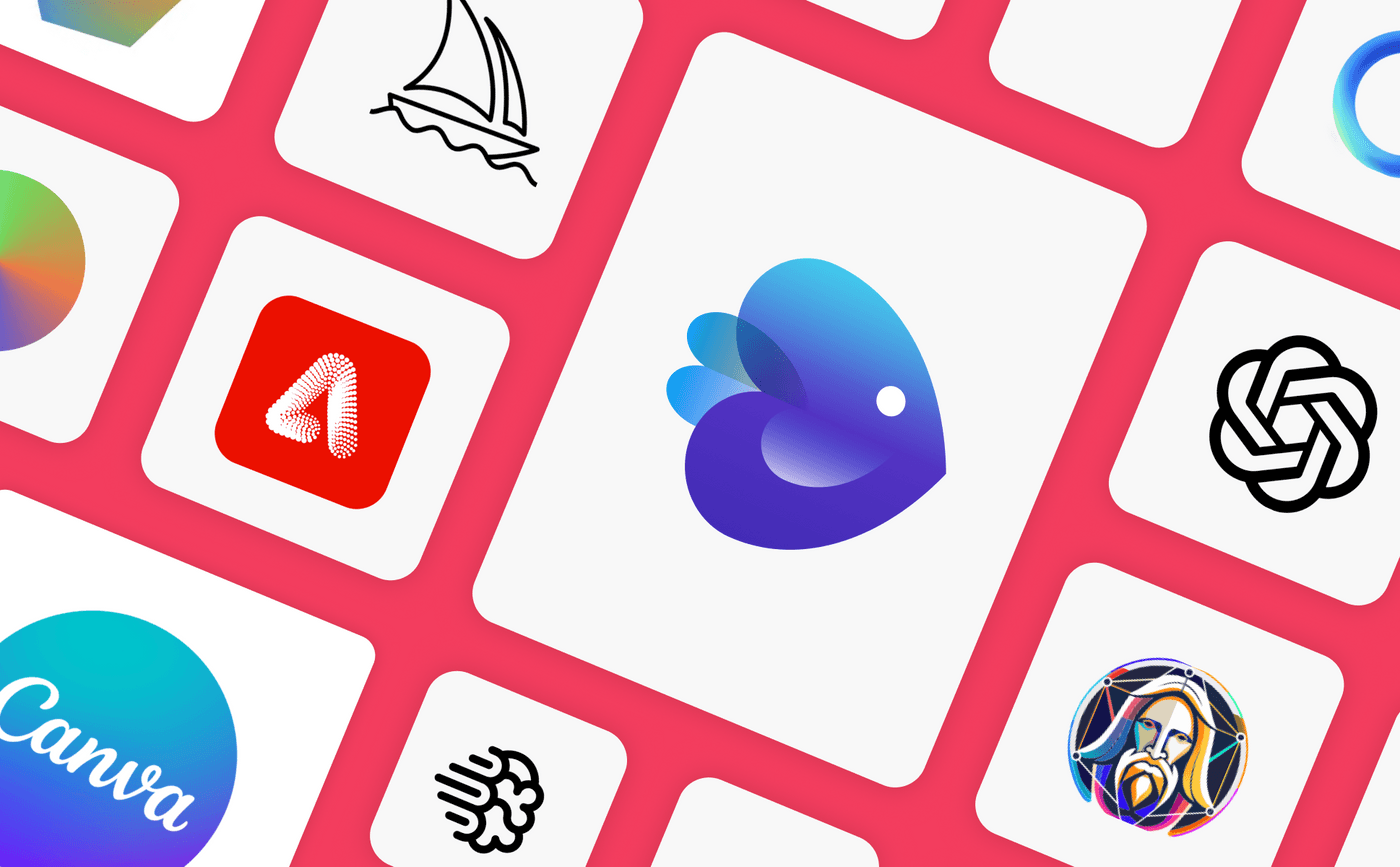 Collage of various app icons, including Canva, OpenAI, and other creative design tools, on a pink background.