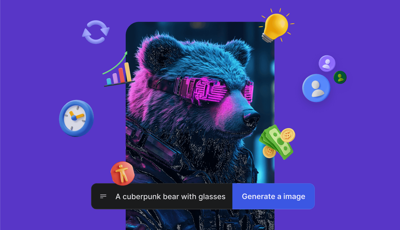 A cyberpunk bear wearing neon glasses, surrounded by colorful icons representing ideas and progress.