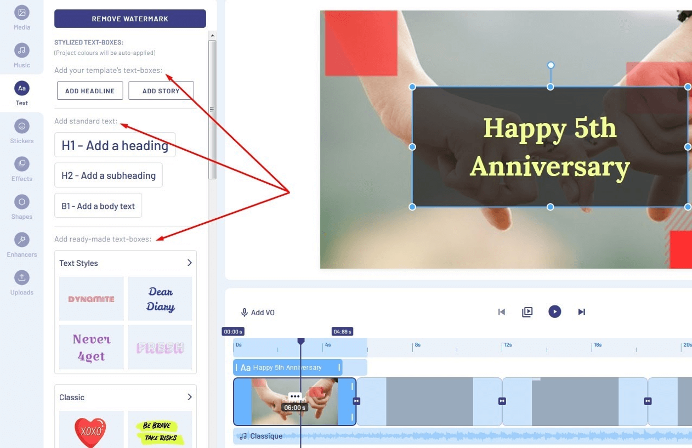 Caixas de inserção de texto da Invideo