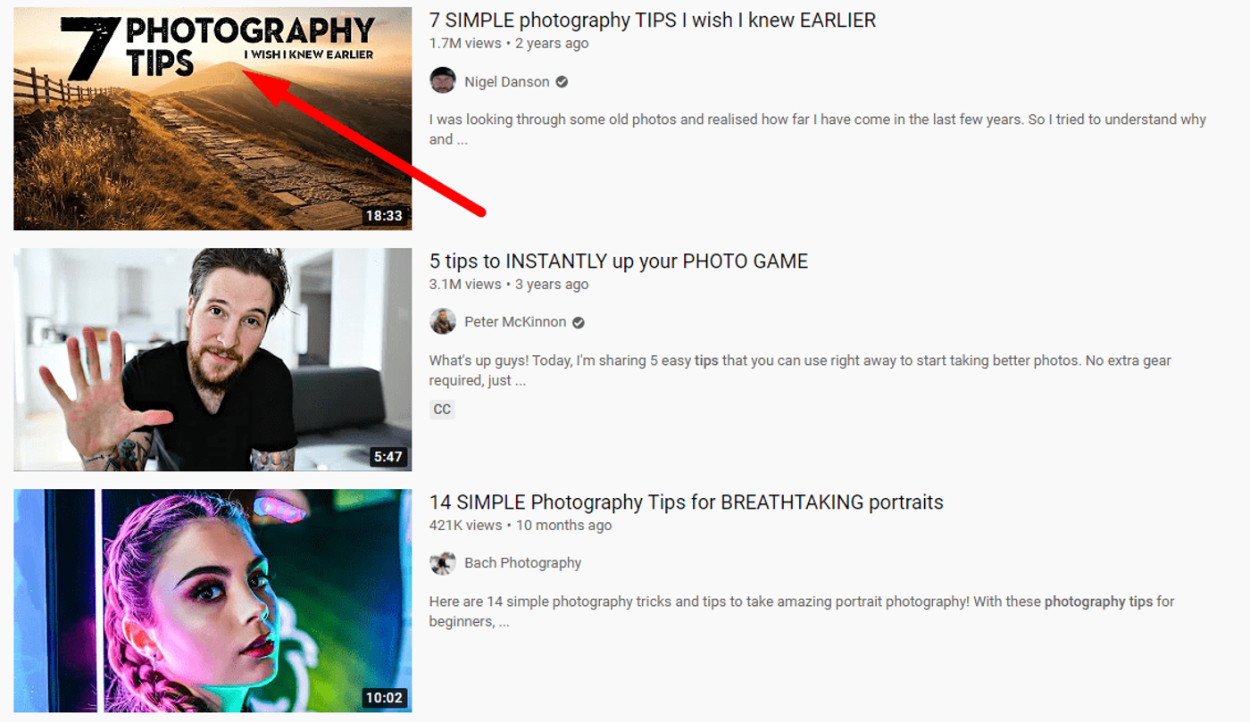 Exemplos de miniaturas de dicas de fotografia