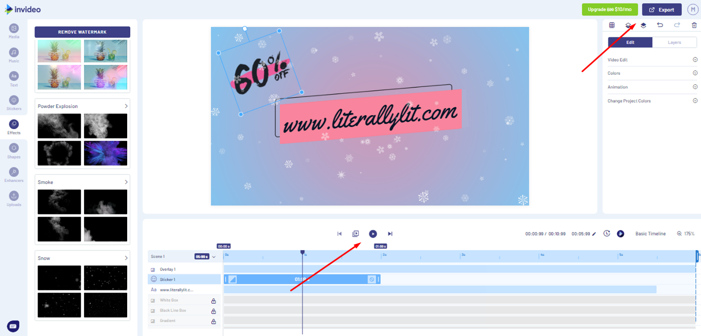 Ferramenta de pré visualização e exportar da Invideo