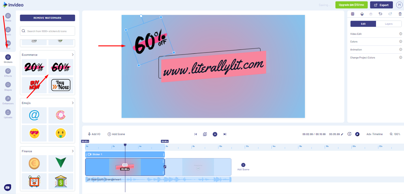 Ferramenta para adicionar stickers da Invideo