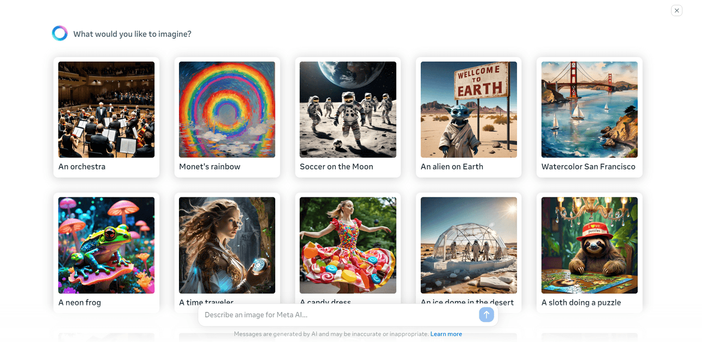 Imagine anything! Explore AI-generated visuals like orchestras, neon frogs, or soccer on the Moon.