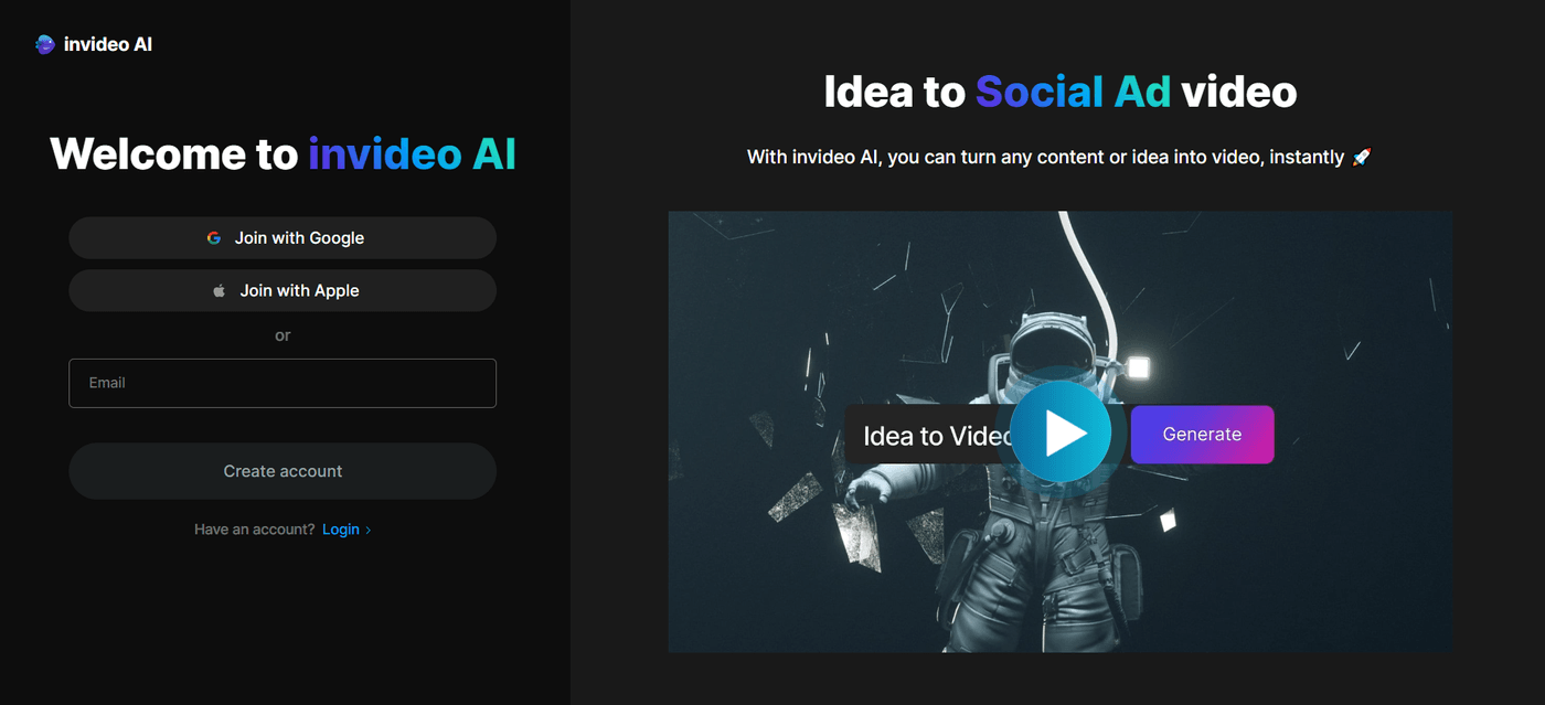 Invideo AI landing page featuring sign-up options and an astronaut-themed video creation prompt.
