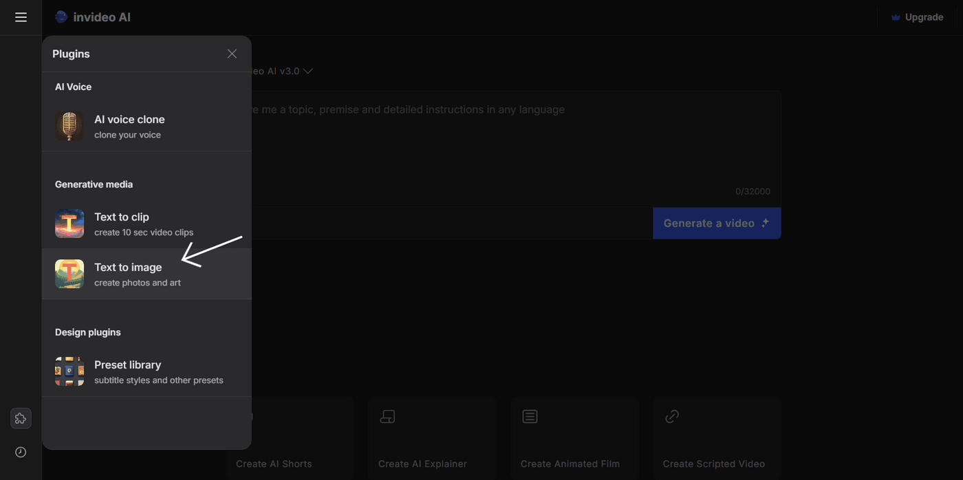 Invideo AI plugin menu showcasing features like AI voice clone, Text to Clip, and Text to Image.