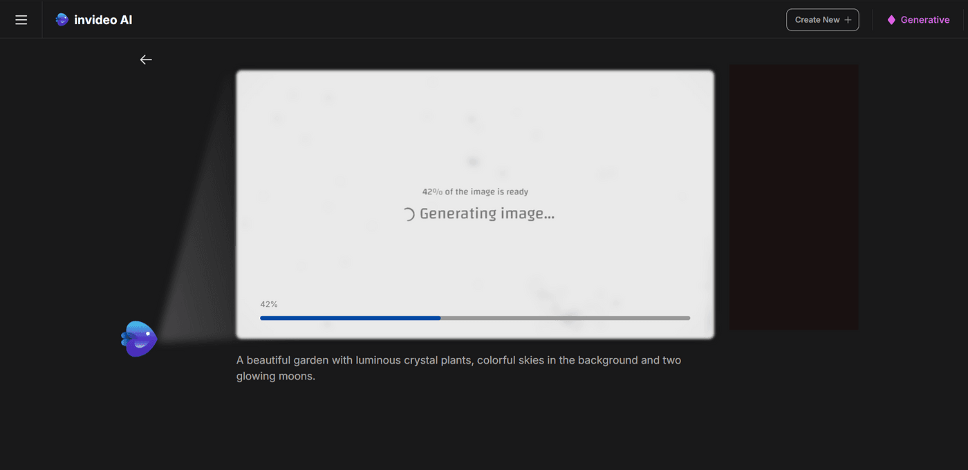 Invideo AI interface showing progress of image generation based on the prompt describing a luminous garden.