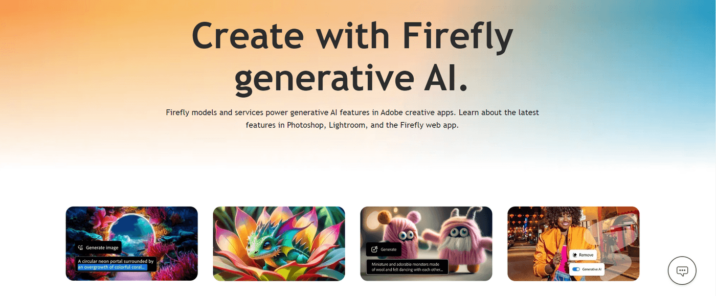 Adobe Firefly generative AI page showcasing creative features in Photoshop, Lightroom, and Firefly web app.