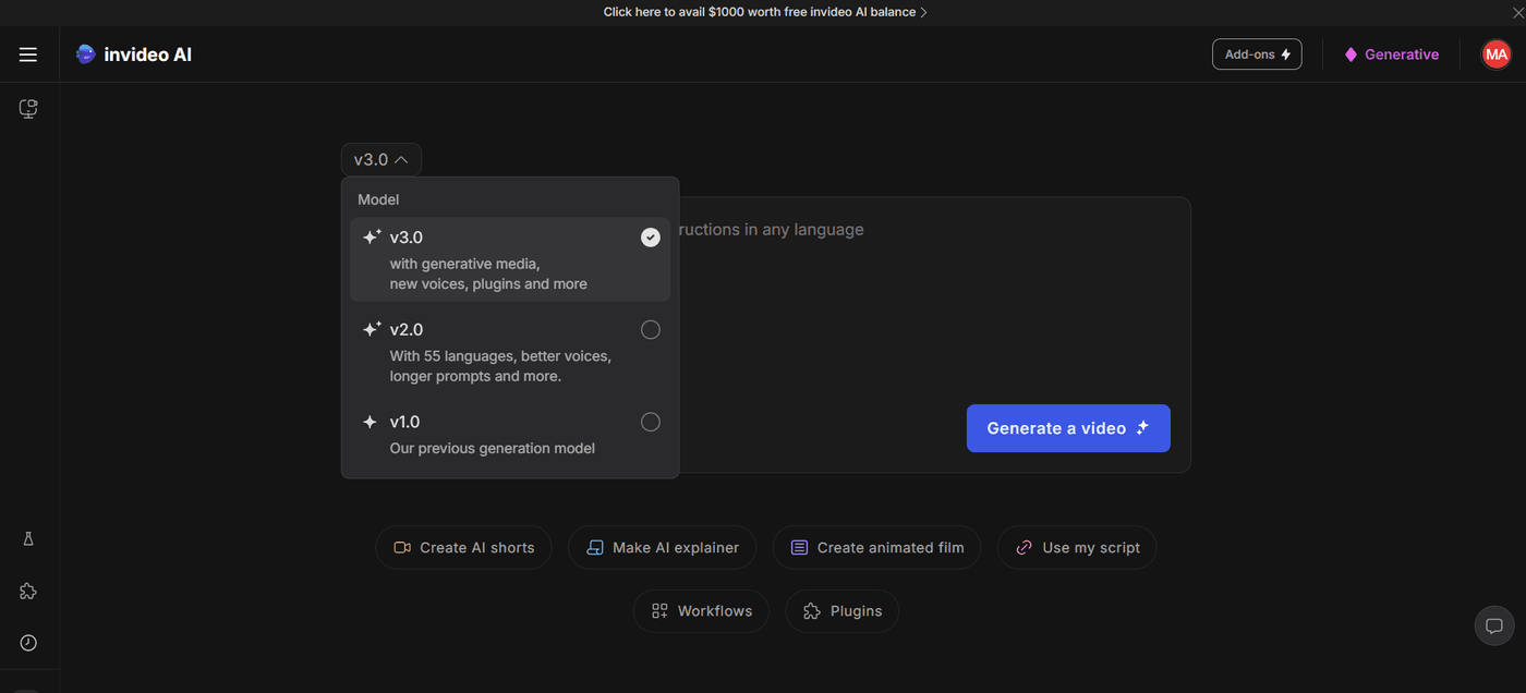 Invideo AI interface showing version selection menu with v3.0 model features and options