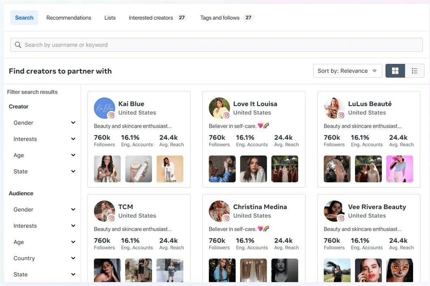 Find creators to partner with based on engagement, reach, and niche—all filtered easily here