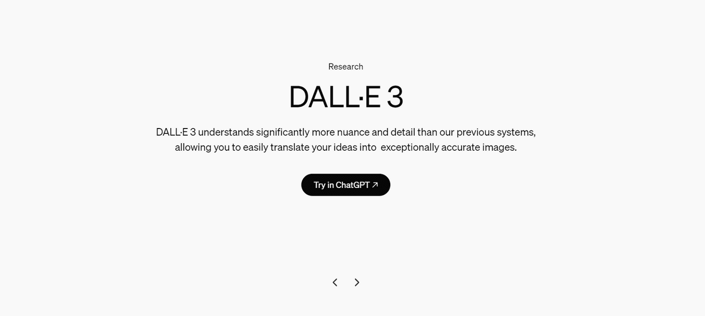 DALL·E 3 research page explaining its improved image generation capabilities with a ‘Try in ChatGPT’ button.