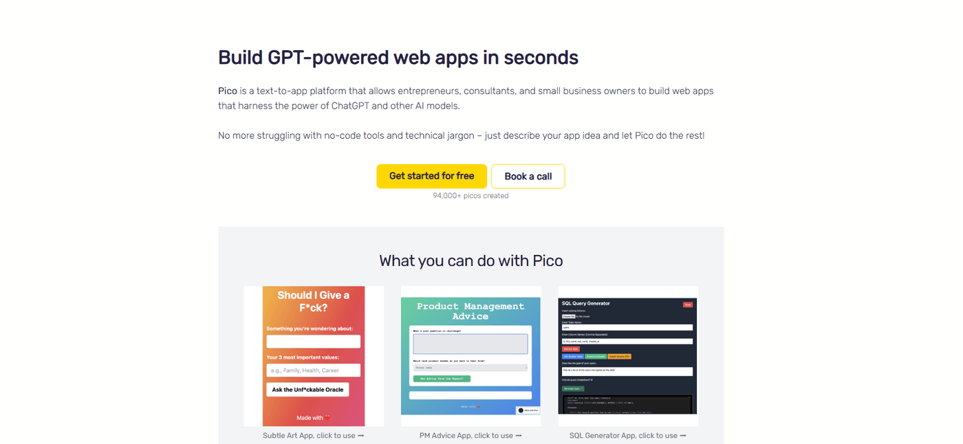 Build GPT-powered web apps in seconds with Pico—no coding needed.