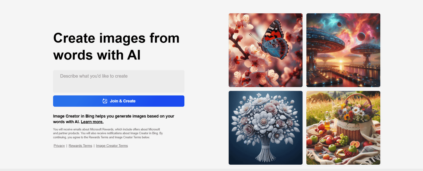 Bing Image Creator page showing AI-generated images and a text box for creating images with AI.