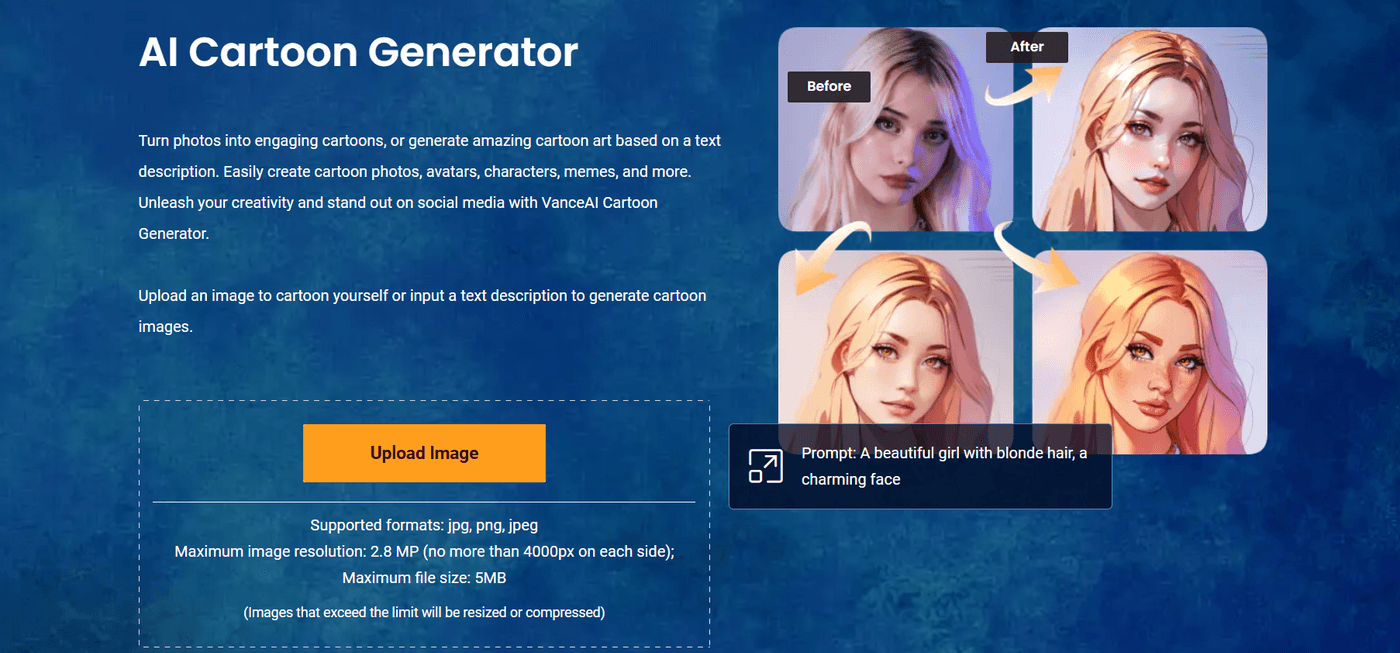 AI Cartoon Generator page showing before-and-after images and an upload button for cartoon conversion.