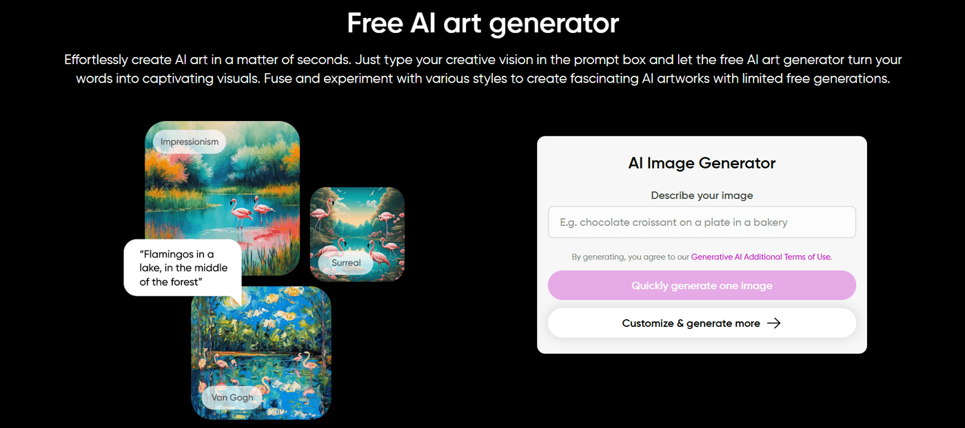 Free AI art generator page with different artistic styles and a text box for prompts.