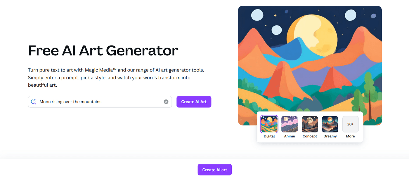 Free AI Art Generator page with a text prompt, style options, and a generated digital artwork.