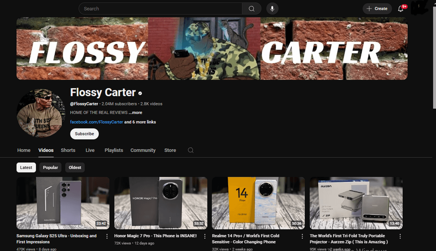 YouTube channel “Flossy Carter” reviews the latest tech gadgets, focusing on smartphones and accessories.
