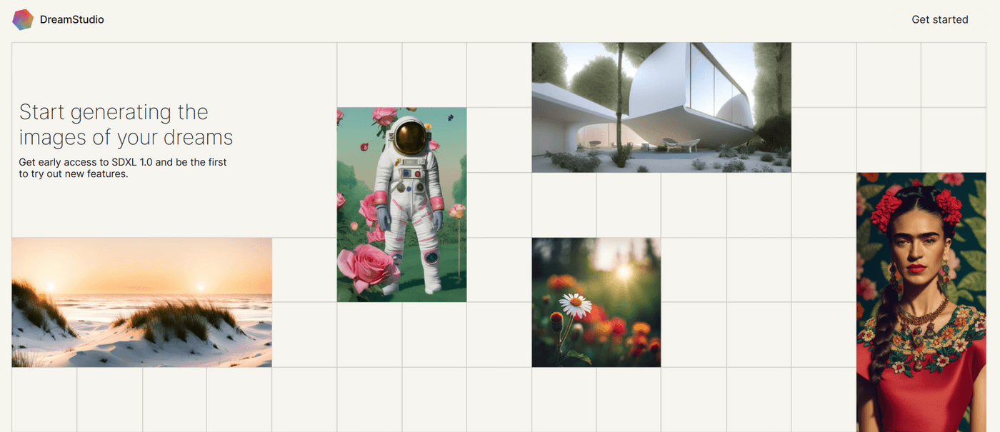 DreamStudio AI page showcasing AI-generated images, including landscapes, portraits, and futuristic architecture.