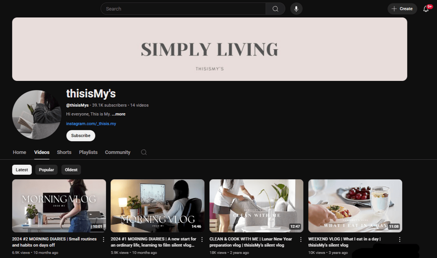 YouTube channel “thisisMy’s” shares lifestyle and vlog content focusing on simplicity and daily routines.