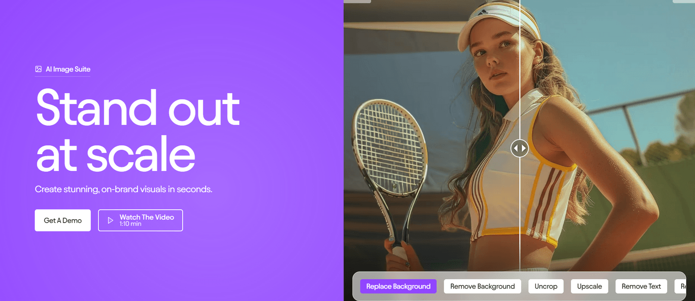 AI Image Suite page showcasing background replacement and enhancement tools for visual content creation